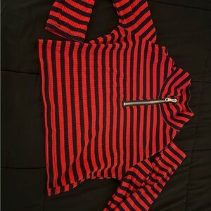 Red and Black Striped Zip-Up Top
